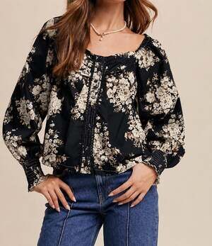 Listicle Navy Floral Lace Trim Corset Peasant Blouse Size Small